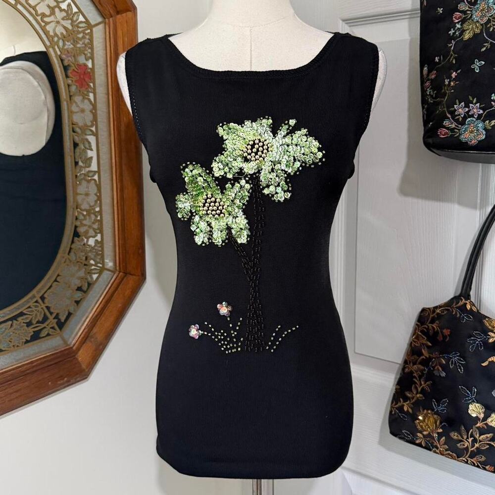 VTG Y2K Lucia Burns Black & Green Beaded Sequin Palm Tree Ribbed Tank Top S